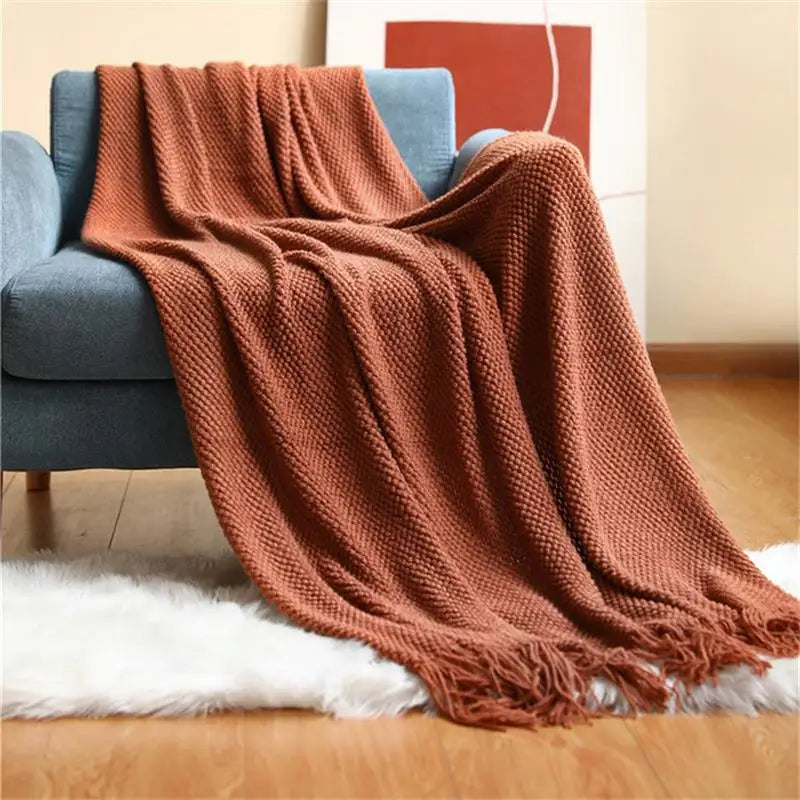 Nordic Knitted Throw Blanket — Soft Winter Plaid with Tassels