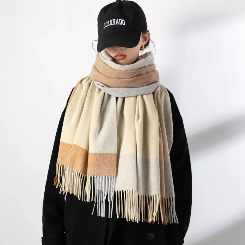 Wool Plaid Cashmere Scarf — Winter Warmth Shawl
