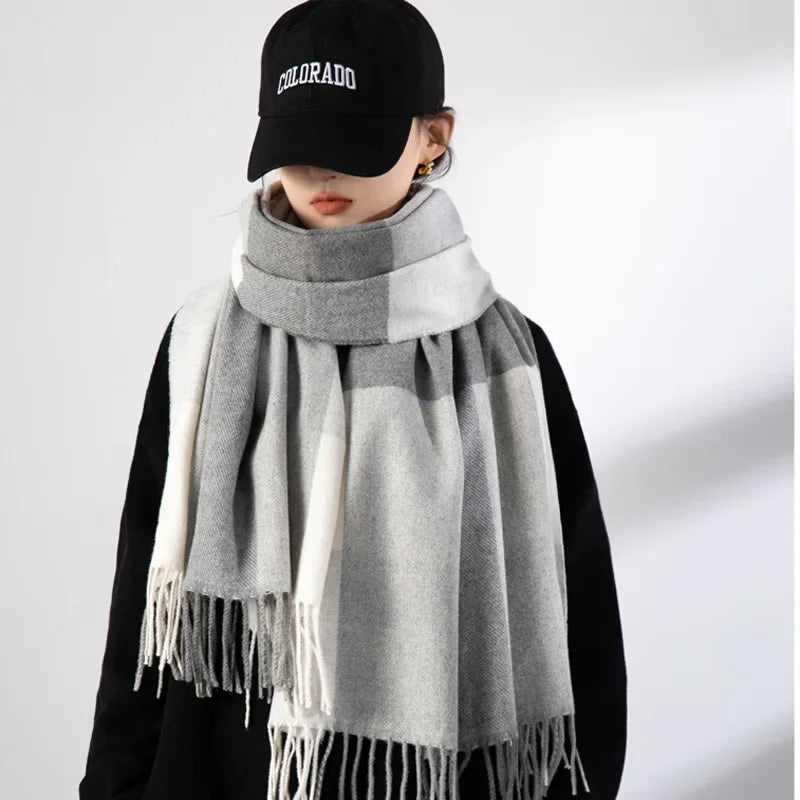 Wool Plaid Cashmere Scarf — Winter Warmth Shawl